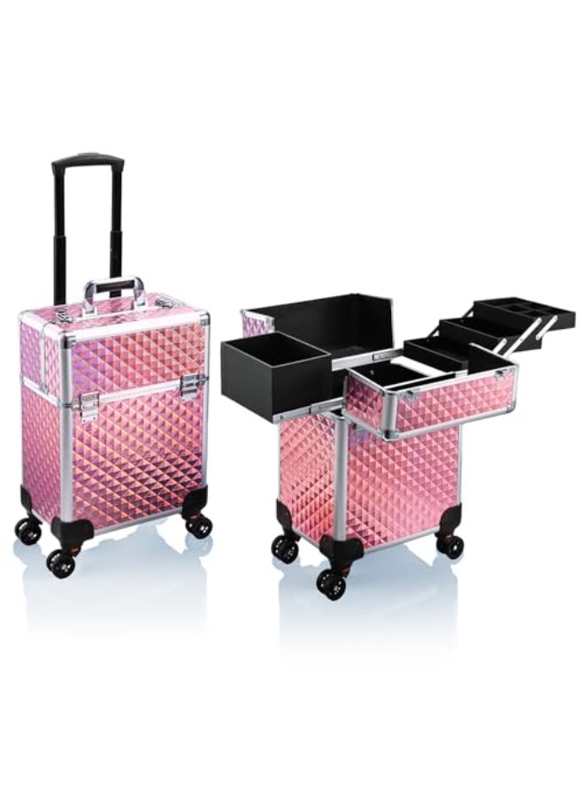 Stagiant Rolling Makeup Train Case Cosmetology Case on Wheels Travel Cosmetic Suitcase Trolley Makeup Luggage Storage Box 4 Tray with Lock Middle Layer Salon Nail Tech Cart Traveling Tattoo Case Pink - Image 1