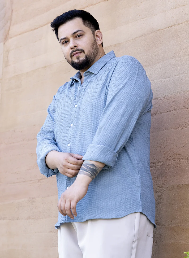 Instafab Plus Instafab Plus Men's Powder Blue Weave-Tactile Shirt For Casual Wear | Spread Collar | Long Cuffed Sleeves | Button Closure | Plus Size Shirt Crafted With Comfort Fit For Everyday Wear
