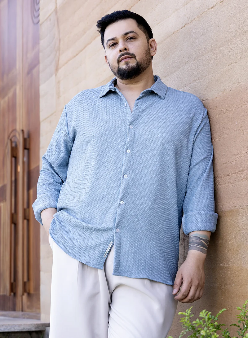 Instafab Plus Instafab Plus Men's Powder Blue Weave-Tactile Shirt For Casual Wear | Spread Collar | Long Cuffed Sleeves | Button Closure | Plus Size Shirt Crafted With Comfort Fit For Everyday Wear