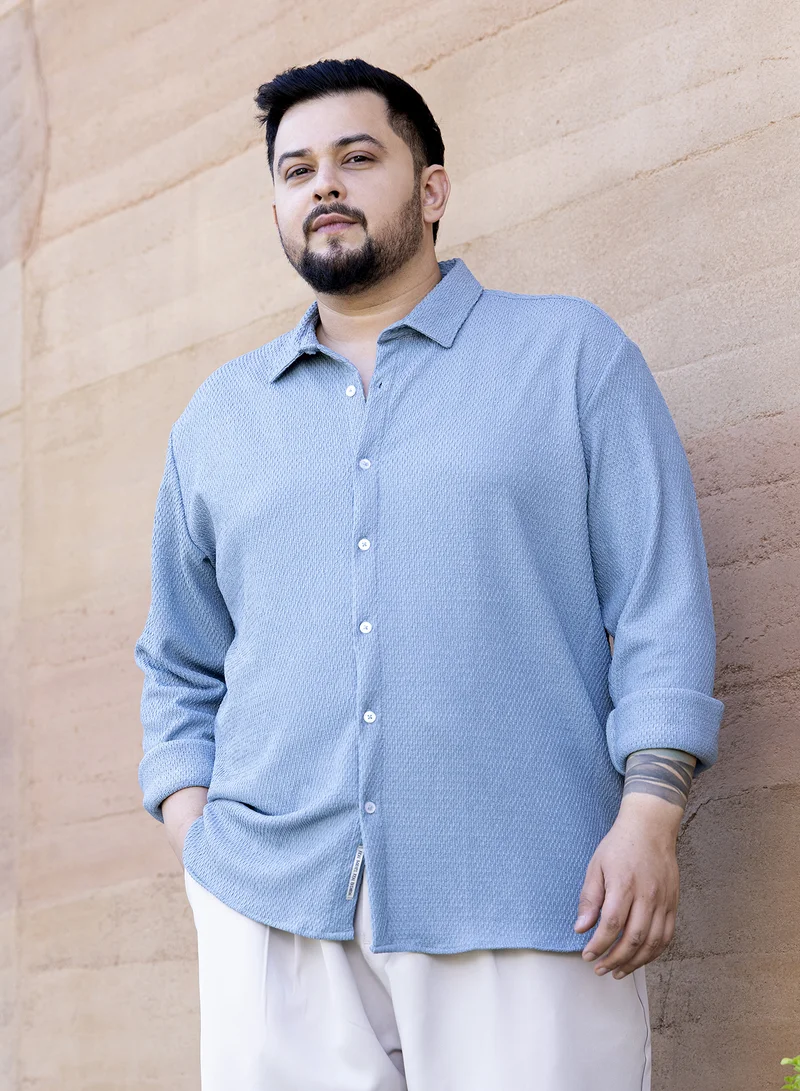 Instafab Plus Instafab Plus Men's Powder Blue Weave-Tactile Shirt For Casual Wear | Spread Collar | Long Cuffed Sleeves | Button Closure | Plus Size Shirt Crafted With Comfort Fit For Everyday Wear