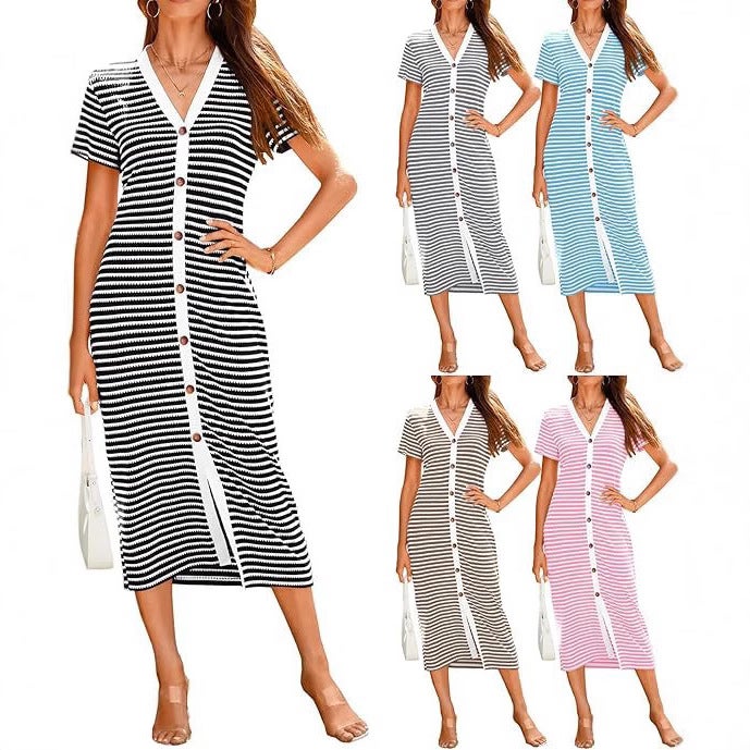 Wankang Women's Casual Summer Jumpsuit with Striped Knit - Image 1