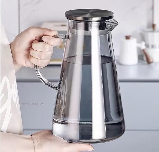 WRINGO Black Glass Water Pitcher- 1.8 LTR, Transparent, Hot Cold Water Glass Pitcher with Stainless Steel Lid Water Jug, Iced Tea, Milk and Juice Beverage Carafe, Lemon Jug 1800ML (WP-09) - Image 1