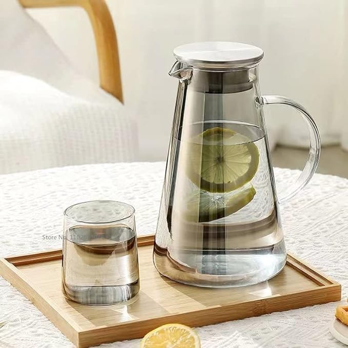 WRINGO Black Glass Water Pitcher- 1.8 LTR, Transparent, Hot Cold Water Glass Pitcher with Stainless Steel Lid Water Jug, Iced Tea, Milk and Juice Beverage Carafe, Lemon Jug 1800ML (WP-09) - Image 3