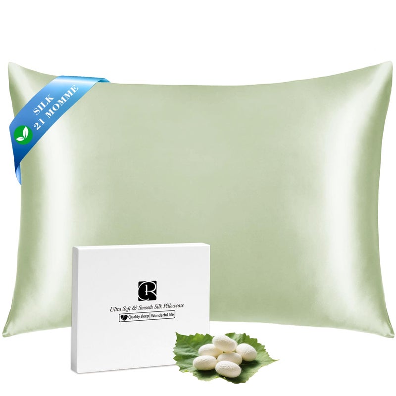 Ravmix Silk Pillow Cases with Zipper 21momme Mulberry Silk Pillowcase for Hair Skin Health Soft Smooth Breathable Cool Pillow Cover for Beauty Sleep with Gift Box 1PCKing 20x36 Bean Green