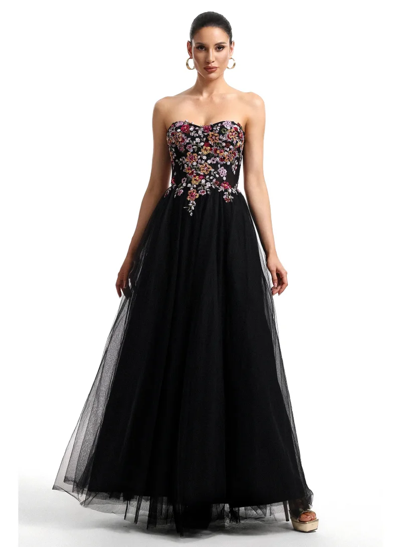 Bella Barnett Timesha Strapless Floral Embroidered High Slit Maxi Dress