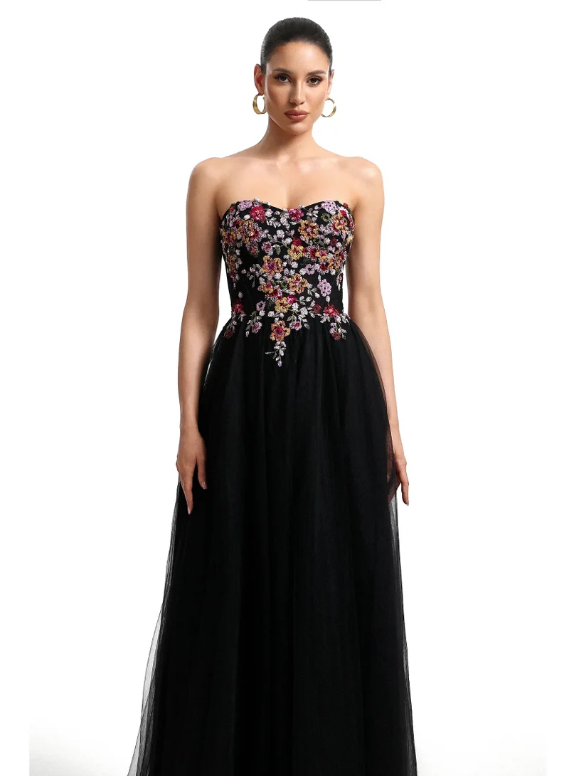 Bella Barnett Timesha Strapless Floral Embroidered High Slit Maxi Dress