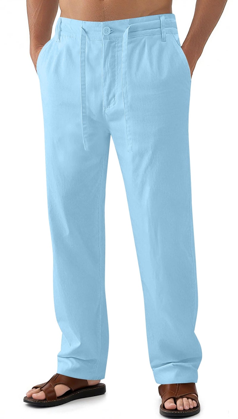 Janmid Men Casual Beach Trousers Linen Summer Pants (Sky Blue, M) - Image 1