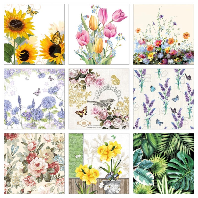 مجموعة مناديل ورقية مزخرفة بتصميم زهور وطيور وفراشات - 20-9 مناديل مزخرفة - 1 مناديل لكل تصميم - إجمالي 9 قطع - Image 1