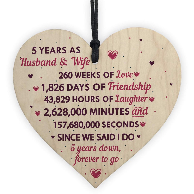 RED OCEAN 5th Wedding Anniversary Plaque Wooden Heart Five Year Wedding For Her Husband Wife Keepsake