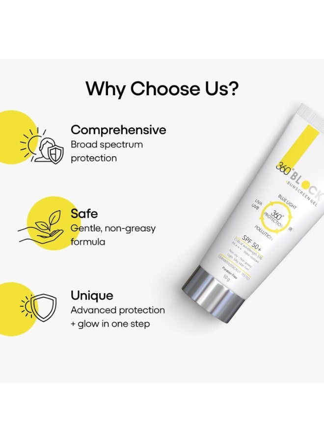 Ethiglo 360 Block Sunscreen Gel SPF50 (50g) | Lightweight, Non-Greasy, No White Cast | Broad Spectrum UVA, UVB, Blue Light & IR Protection | Pollution Defense with BlueShield & Clair Blanche II PACK OF 2 - Image 2