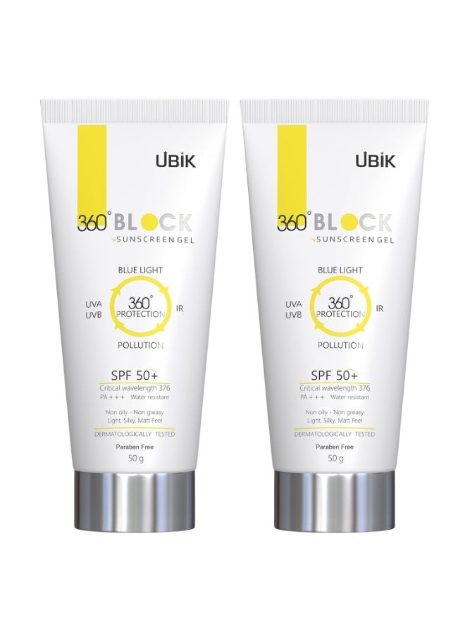 Ethiglo 360 Block Sunscreen Gel SPF50 (50g) | Lightweight, Non-Greasy, No White Cast | Broad Spectrum UVA, UVB, Blue Light & IR Protection | Pollution Defense with BlueShield & Clair Blanche II PACK OF 2 - Image 1