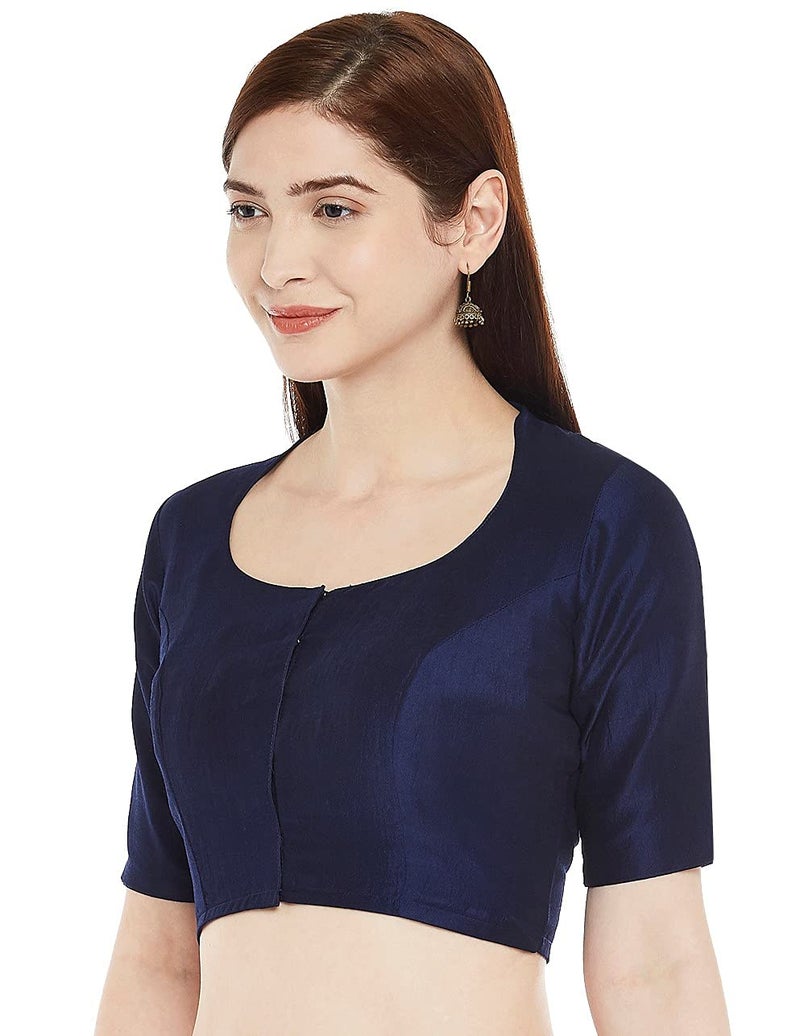 Studio Shringaar Women's Polyester Readymade Soft Solid Colored Saree Blouse with Short Sleeves(Navy Blue, 44) - Image 2