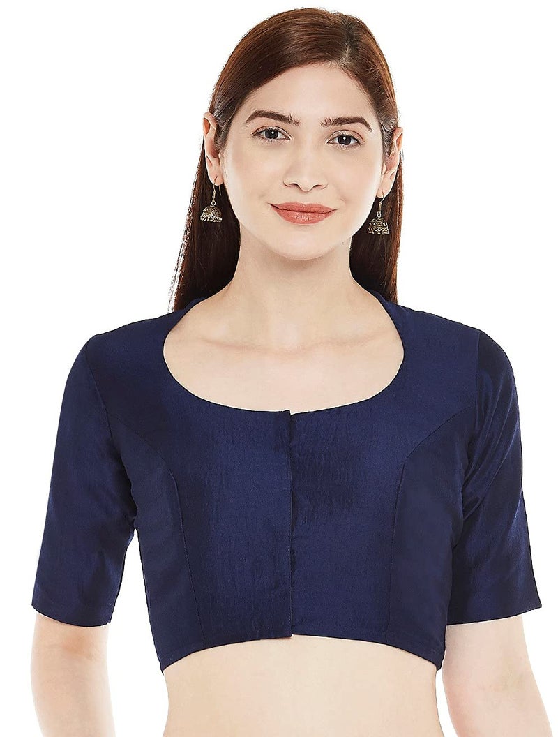 Studio Shringaar Women's Polyester Readymade Soft Solid Colored Saree Blouse with Short Sleeves(Navy Blue, 44) - Image 5