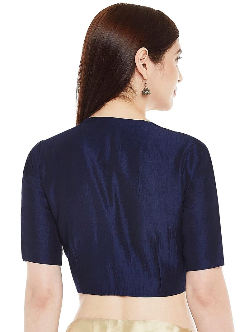 Studio Shringaar Women's Polyester Readymade Soft Solid Colored Saree Blouse with Short Sleeves(Navy Blue, 44) - Image 3