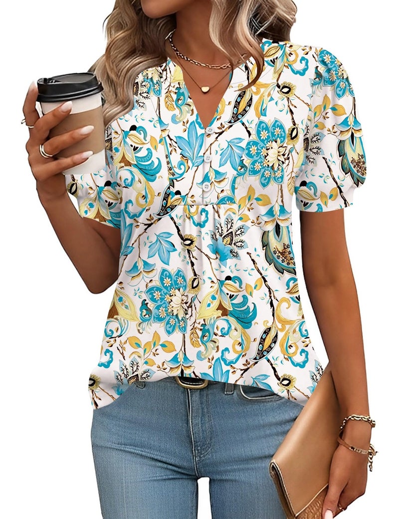 IECCP Womens Summer Tops Casual V Neck Shirts Puff Short Sleeve Button Front Dressy Blouses Loose Fit Pleated Tee Shirts (Apricot Blue Floral,M) - Image 1