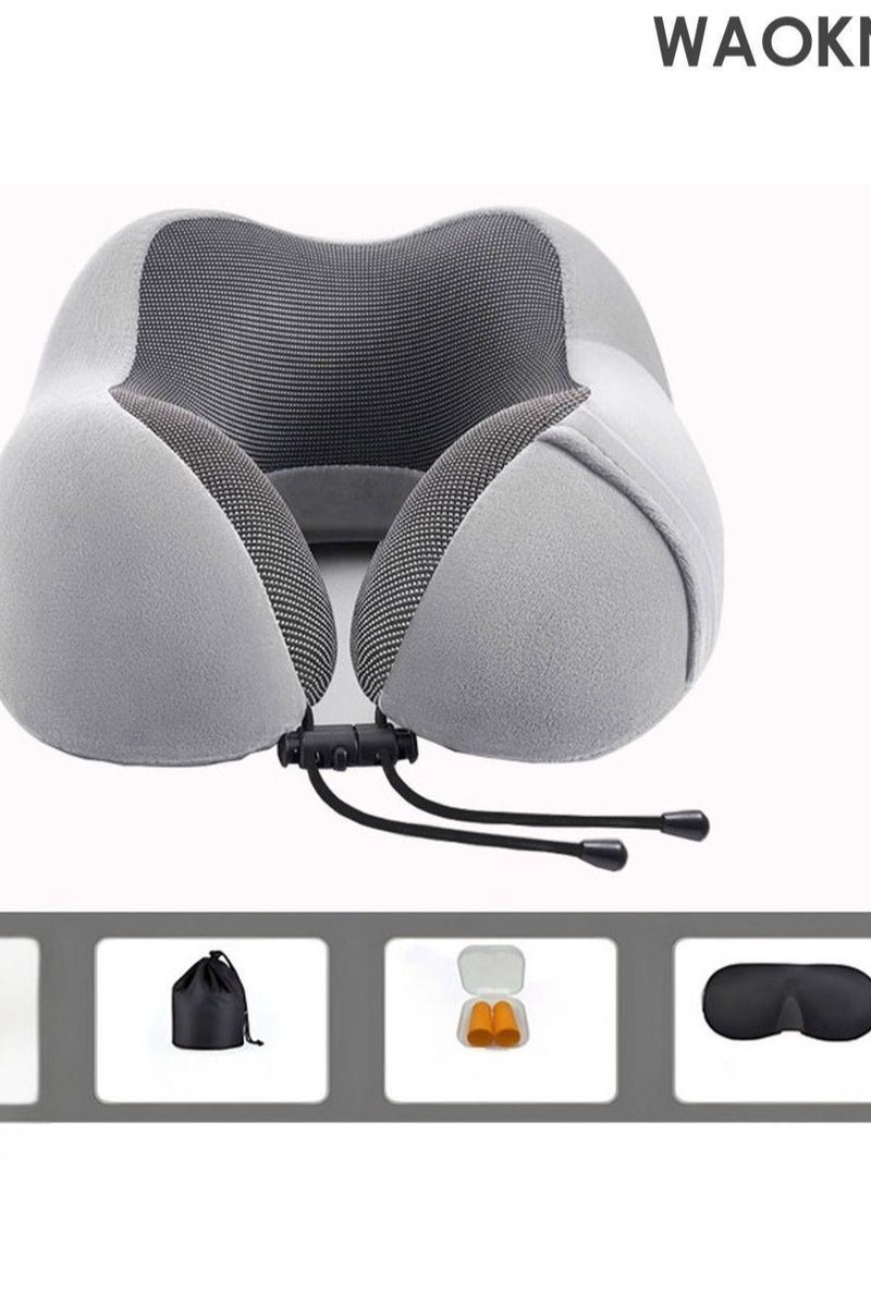 WAOKN Travel Pillow 100% Memory Foam Pillow, Neck Pillow for Airplane, Neck & Head Support Pillow for Sleeping Rest & Car, Travel Pillows Kit with Storage Bag, Sleep Mask and Earplugs （Grey） - Image 1