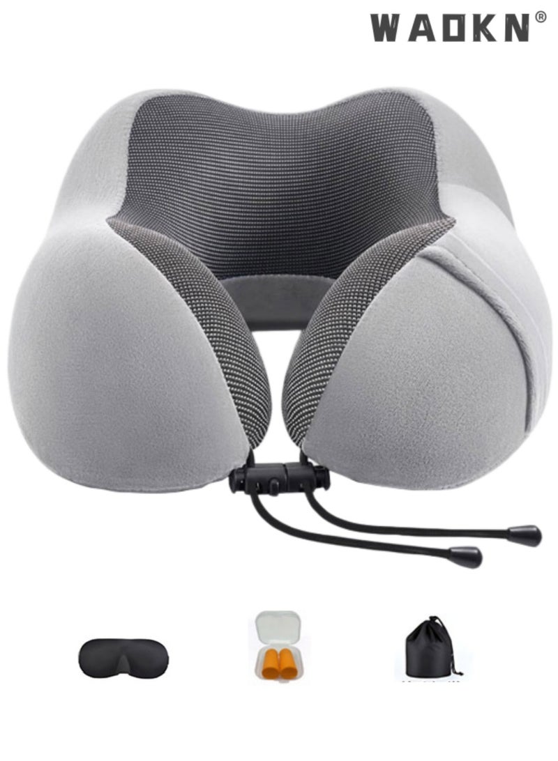 WAOKN Travel Pillow 100% Memory Foam Pillow, Neck Pillow for Airplane, Neck & Head Support Pillow for Sleeping Rest & Car, Travel Pillows Kit with Storage Bag, Sleep Mask and Earplugs （Grey） - Image 1
