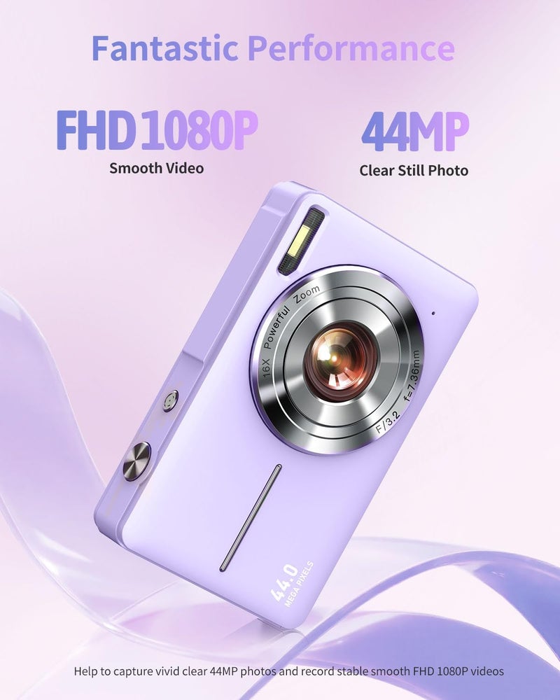 Lecran Digital Camera, Kids Camera FHD 1080P Point and Shoot Camera with 16X Zoom Anti Shake, Small Compact Camera for Teen Starter Children Kid Student Girl Boy(Purple) - Image 2