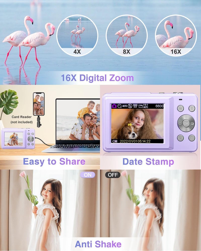 Lecran Digital Camera, Kids Camera FHD 1080P Point and Shoot Camera with 16X Zoom Anti Shake, Small Compact Camera for Teen Starter Children Kid Student Girl Boy(Purple) - Image 4