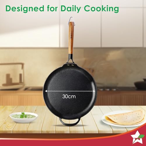 Wonderchef Ferro Light-Weight Cast-Iron Dosa Tawa | 30cm | Pre-Seasoned with 100% Vegetable Oil | 40% Lighter Than Regular Cast-Iron Cookware | Cool-Touch Real Acacia Wood Handles | 10-Year Warranty - Image 3