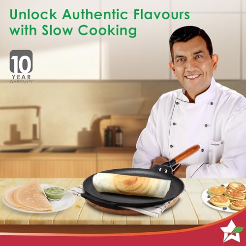 Wonderchef Ferro Light-Weight Cast-Iron Dosa Tawa | 30cm | Pre-Seasoned with 100% Vegetable Oil | 40% Lighter Than Regular Cast-Iron Cookware | Cool-Touch Real Acacia Wood Handles | 10-Year Warranty - Image 2