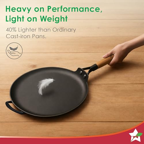 Wonderchef Ferro Light-Weight Cast-Iron Dosa Tawa | 30cm | Pre-Seasoned with 100% Vegetable Oil | 40% Lighter Than Regular Cast-Iron Cookware | Cool-Touch Real Acacia Wood Handles | 10-Year Warranty - Image 4