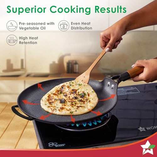 Wonderchef Ferro Light-Weight Cast-Iron Dosa Tawa | 30cm | Pre-Seasoned with 100% Vegetable Oil | 40% Lighter Than Regular Cast-Iron Cookware | Cool-Touch Real Acacia Wood Handles | 10-Year Warranty - Image 5