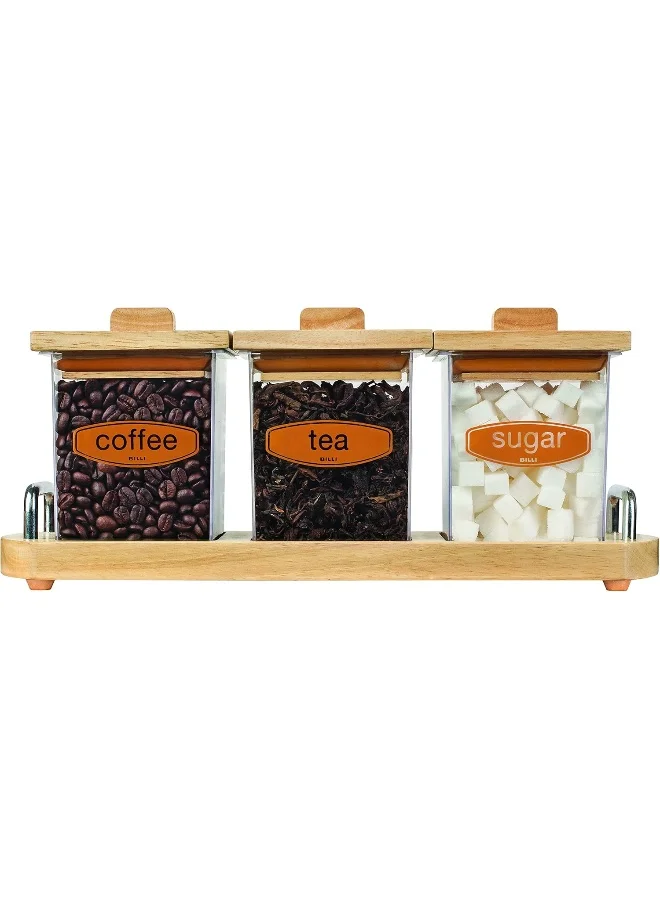 بيلي Billi COFFEE, TEA & SUGAR CANISTER SET WITH WOODEN LID & STAND
