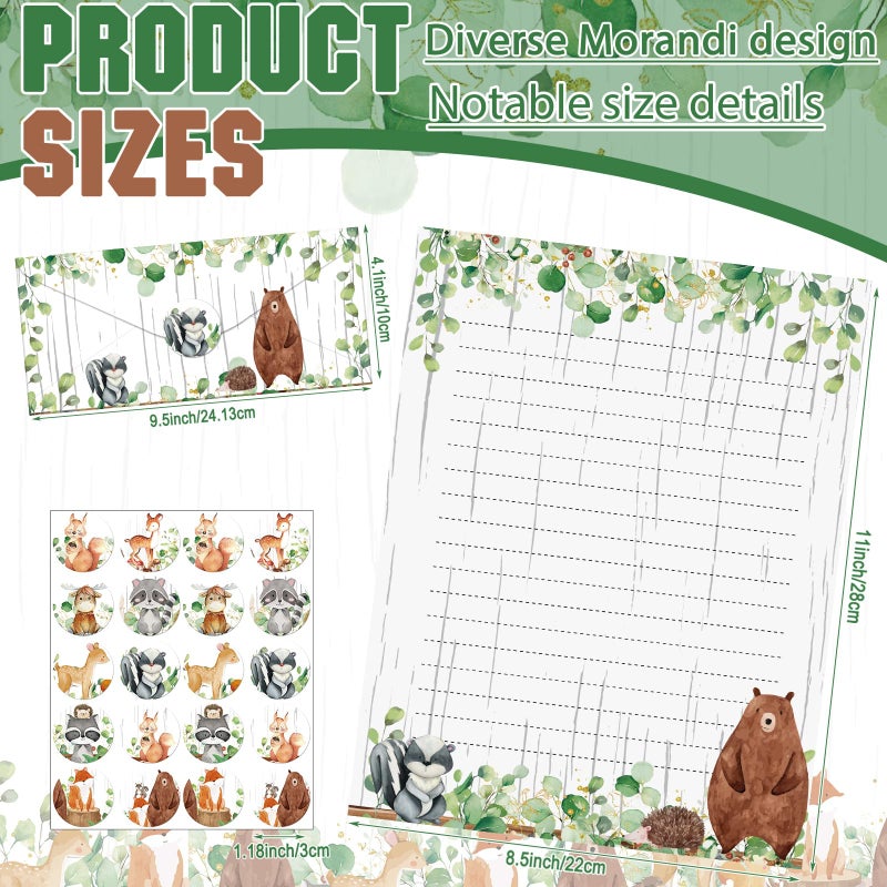 Taobary 160 Pcs Stationery Paper Set 50 Double Sided Stationery Papers With 50 Matching Envelopes And 60 Round Dot Sticker  10 Design(Woodland Animal 8.5 X 11 Inch) - Image 2