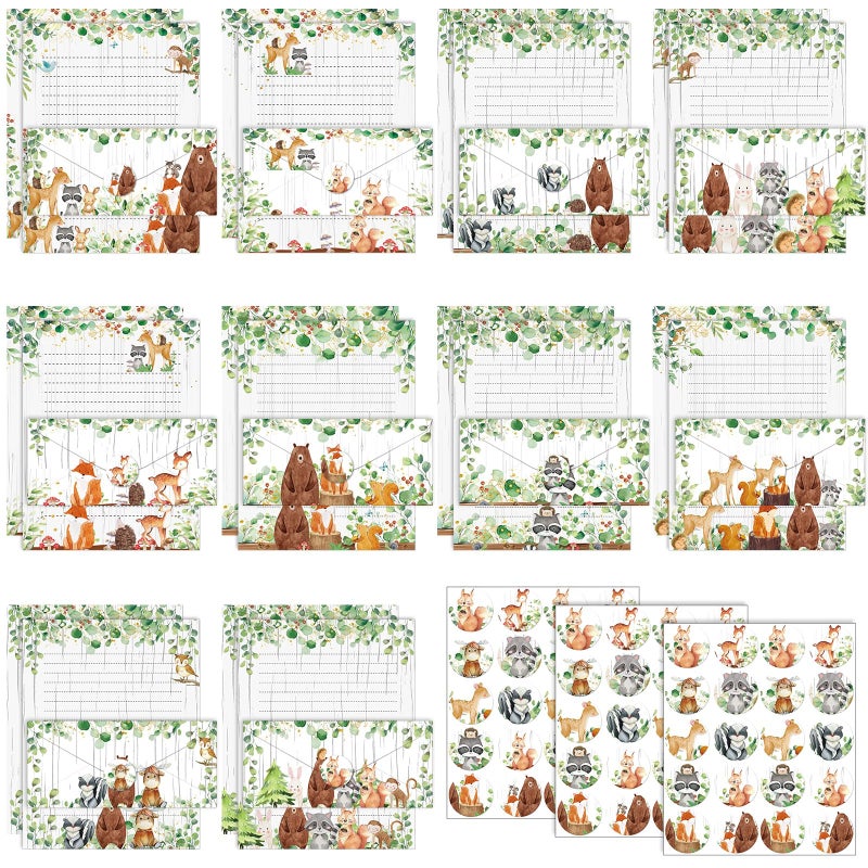 Taobary 160 Pcs Stationery Paper Set 50 Double Sided Stationery Papers With 50 Matching Envelopes And 60 Round Dot Sticker  10 Design(Woodland Animal 8.5 X 11 Inch) - Image 1