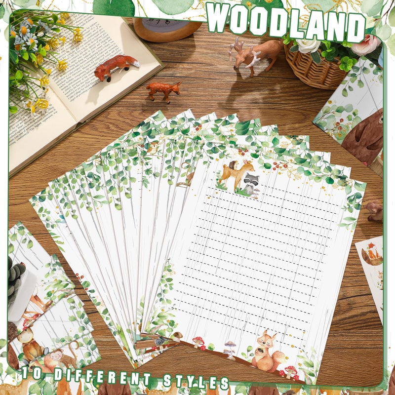 Taobary 160 Pcs Stationery Paper Set 50 Double Sided Stationery Papers With 50 Matching Envelopes And 60 Round Dot Sticker  10 Design(Woodland Animal 8.5 X 11 Inch) - Image 4