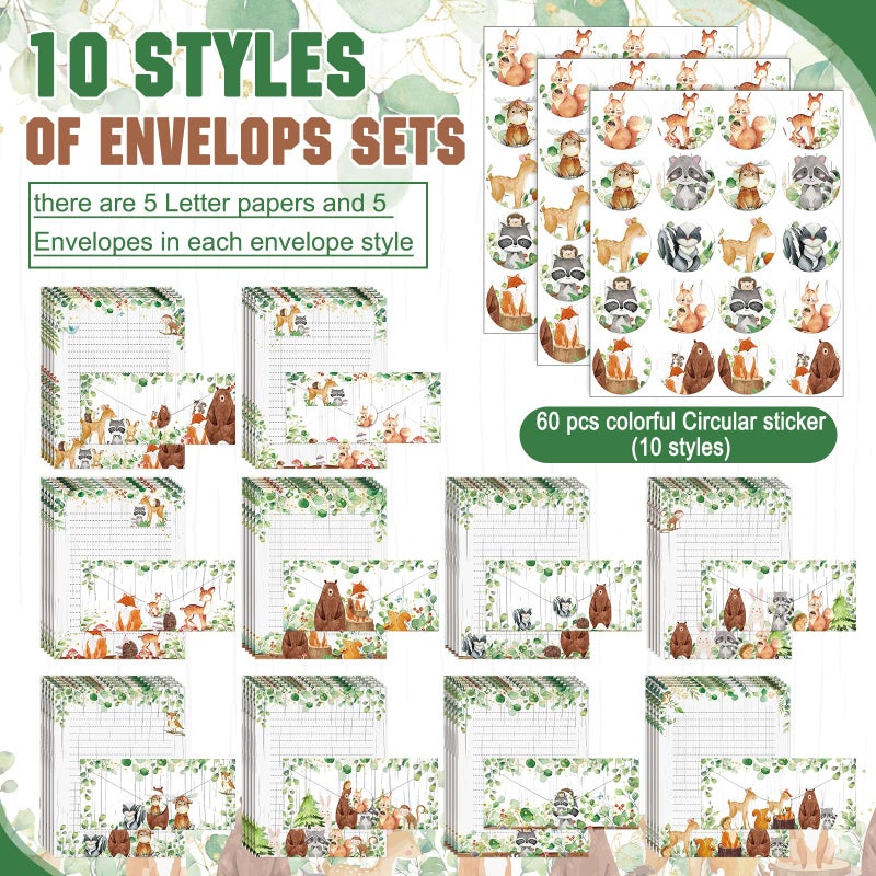 Taobary 160 Pcs Stationery Paper Set 50 Double Sided Stationery Papers With 50 Matching Envelopes And 60 Round Dot Sticker  10 Design(Woodland Animal 8.5 X 11 Inch) - Image 3