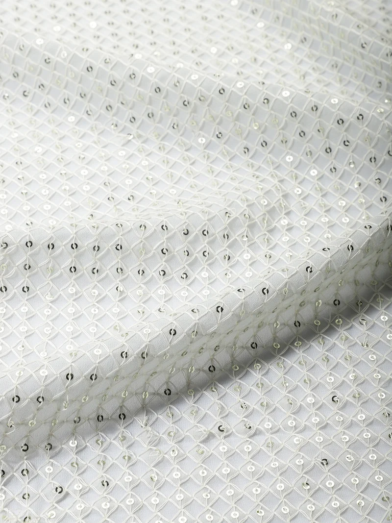 أيه كيه إس White Net Fabric with Silver Sequin Grid Work