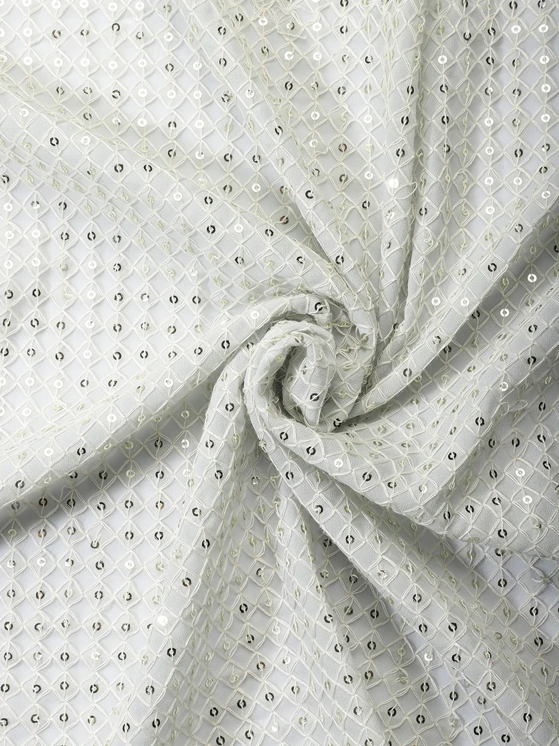 أيه كيه إس White Net Fabric with Silver Sequin Grid Work