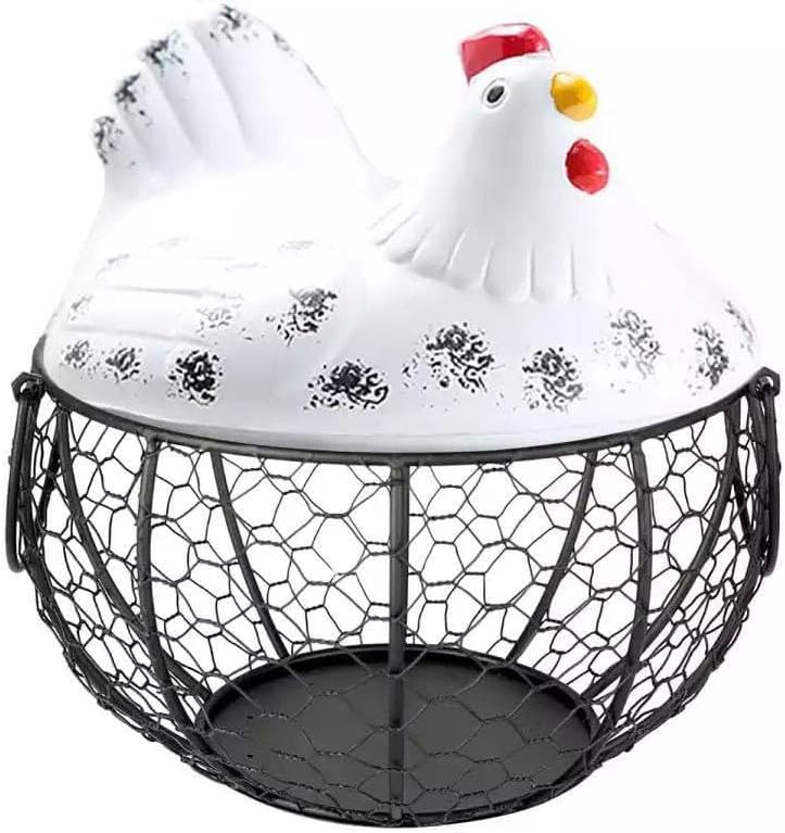 Jenny Ceramic Chicken Egg Holder - Decorative Wire Egg Storage Basket with Ceramic Chicken Lid for Kitchen Countertop - Image 1