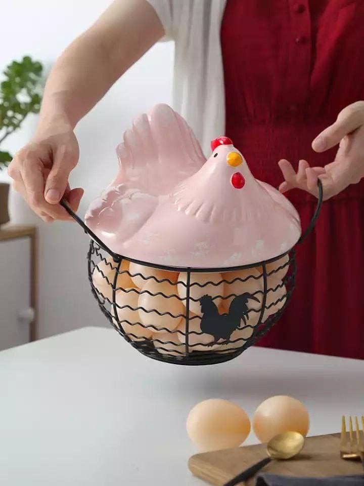 Jenny Ceramic Chicken Egg Holder - Decorative Wire Egg Storage Basket with Ceramic Chicken Lid for Kitchen Countertop - Image 3
