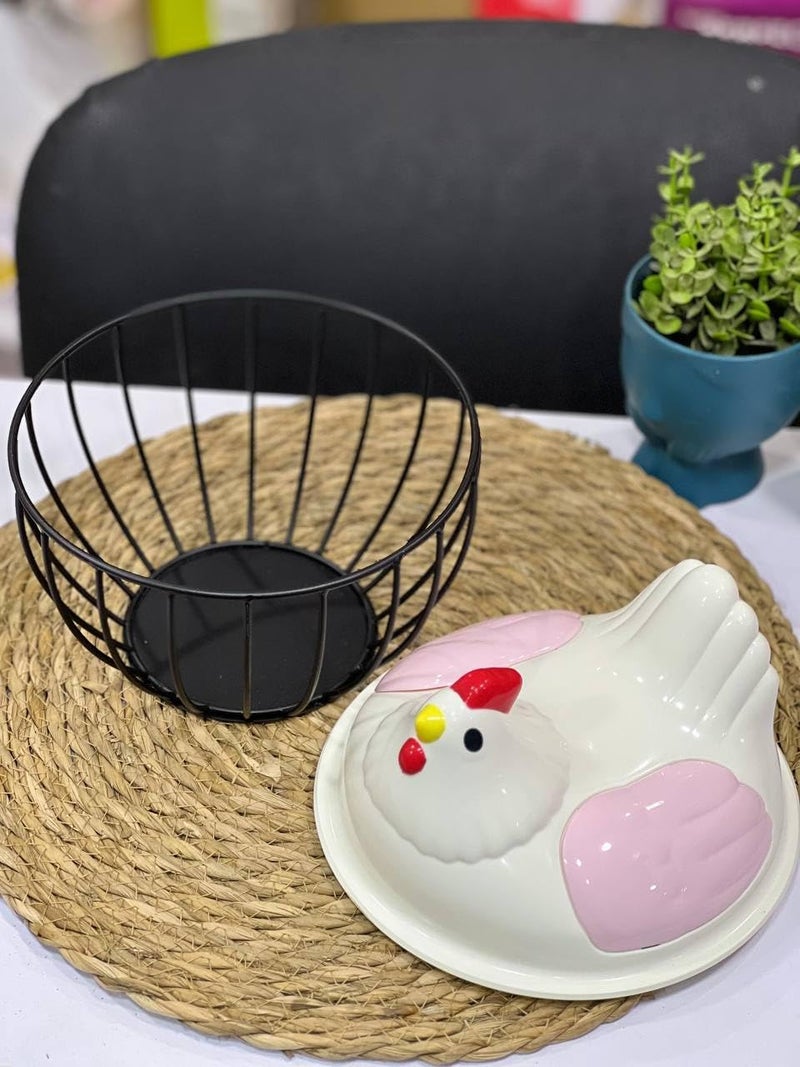Jenny Ceramic Chicken Egg Holder - Decorative Wire Egg Storage Basket with Ceramic Chicken Lid for Kitchen Countertop - Image 2