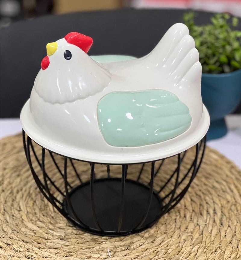 Jenny Ceramic Chicken Egg Holder - Decorative Wire Egg Storage Basket with Ceramic Chicken Lid for Kitchen Countertop - Image 4