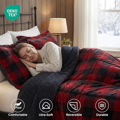 Woolrich John Rich & Bros. Woolrich Reversible Comforter Set Ultra Soft Plush to Sherpa, Down Alternative, Cold Weather Winter Warm Bedding, with Matching Sham, Decorative Pillow Red/Black Buffalo Check King 4 Piece - Image 2