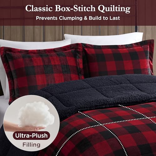 Woolrich John Rich & Bros. Woolrich Reversible Comforter Set Ultra Soft Plush to Sherpa, Down Alternative, Cold Weather Winter Warm Bedding, with Matching Sham, Decorative Pillow Red/Black Buffalo Check King 4 Piece - Image 3
