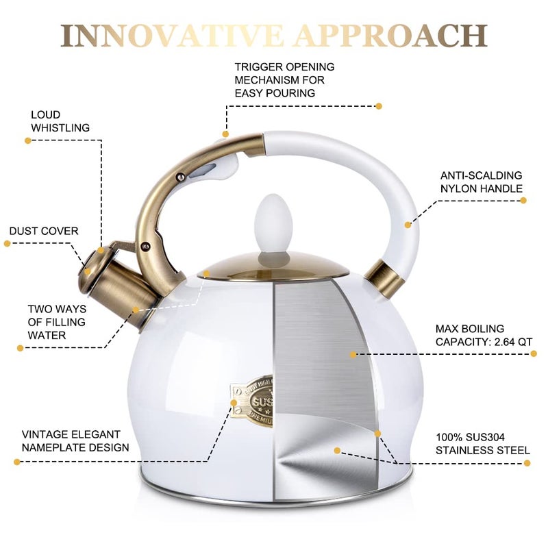 SUSTEAS Stove Top Whistling Tea Kettle - Food Grade Stainless Steel Teakettle Teapot with Cool Touch Ergonomic Handle, With 1 Silicone Pinch Mitt Included, 2.64 Quart(WHITE) - Image 2