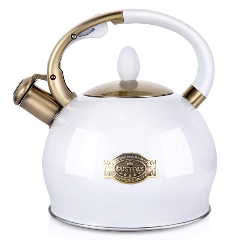 SUSTEAS Stove Top Whistling Tea Kettle - Food Grade Stainless Steel Teakettle Teapot with Cool Touch Ergonomic Handle, With 1 Silicone Pinch Mitt Included, 2.64 Quart(WHITE) - Image 1