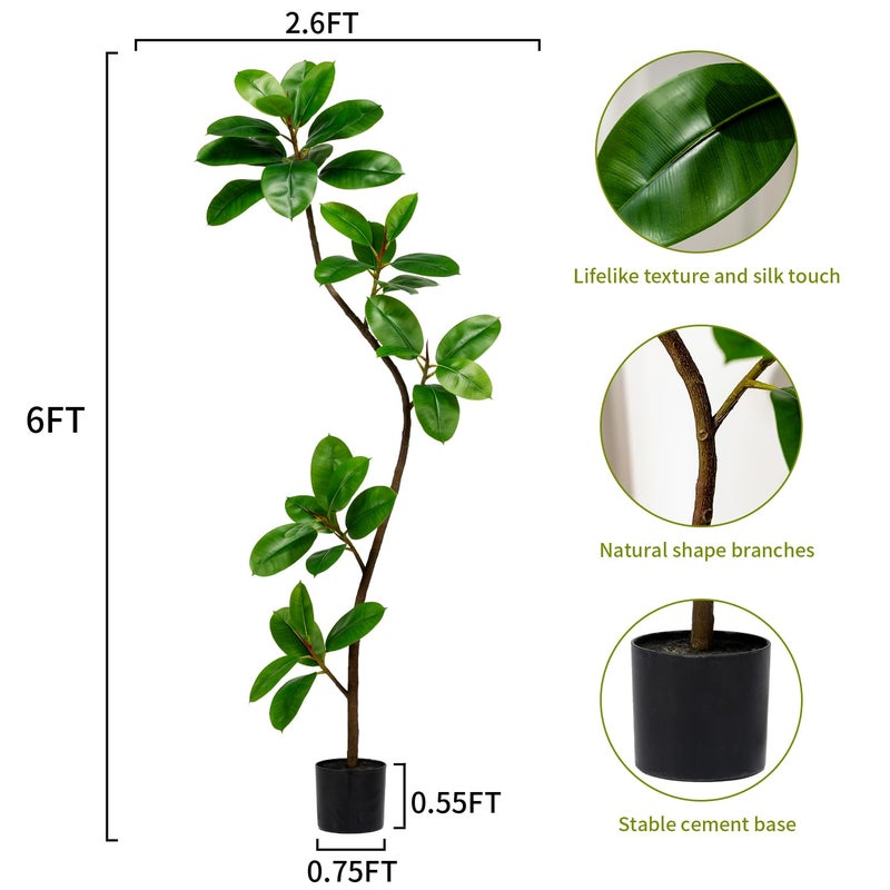 Bailikang 6ft Artificial Rubber Tree Faux Plants Indoor Faux Floor Artificial Trees Indoor,Fake Plant Fake Tropical Plants,Large Floor,Real Touch Rubber Tree for Home Decor - Image 2