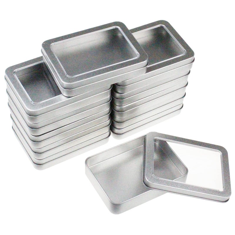 Goodma 12 Pieces Rectangular Empty Metal Tins Home Storage Containers Organizer Mini Box with Clear Window Lid  4.5 x 3.35 x 0.87 inch (Silver) - Image 1