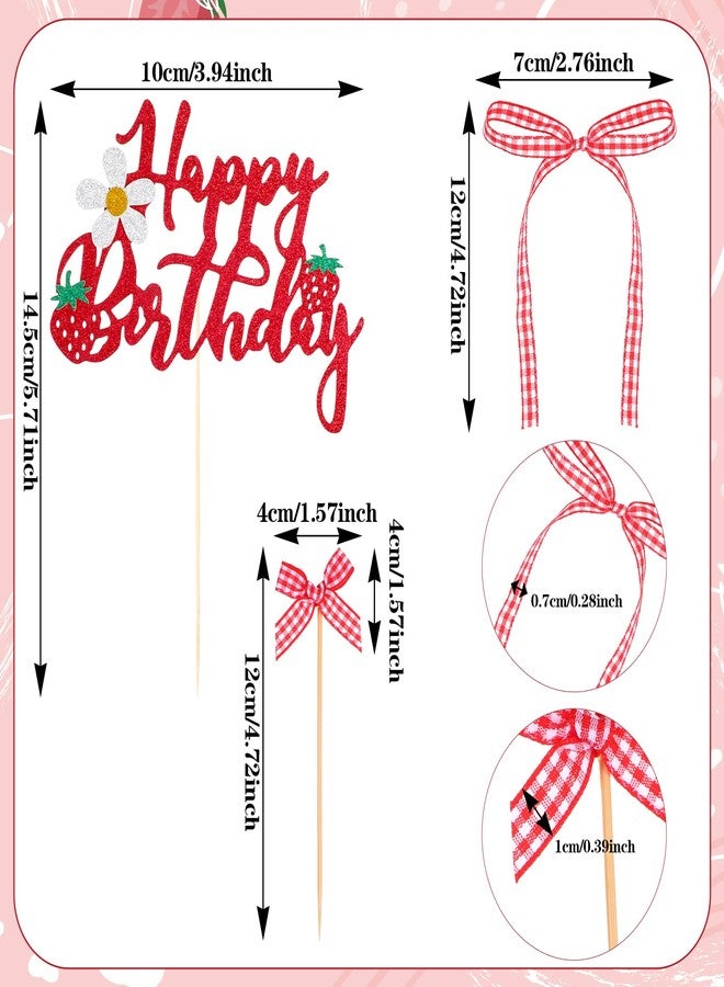 Tucnoeu Strawberry Happy Birthday Cake Topper, 10pcs Gingham Ribbon Bows, 15pcs Bow Cupcake Toppers, Cake Dessert Picks Baby Girl Boy Wedding Party Supplies - Image 2