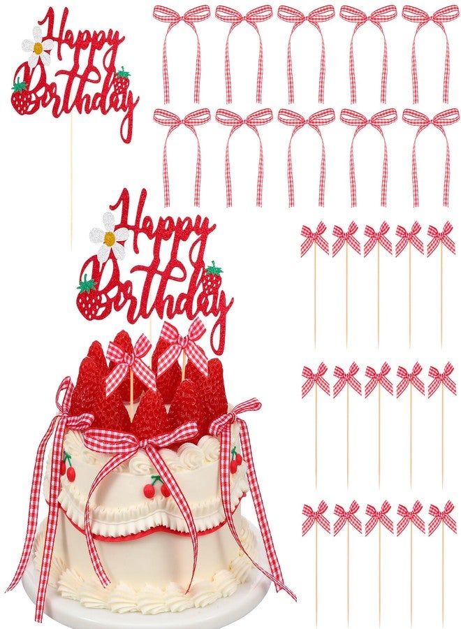 Tucnoeu Strawberry Happy Birthday Cake Topper, 10pcs Gingham Ribbon Bows, 15pcs Bow Cupcake Toppers, Cake Dessert Picks Baby Girl Boy Wedding Party Supplies - Image 1