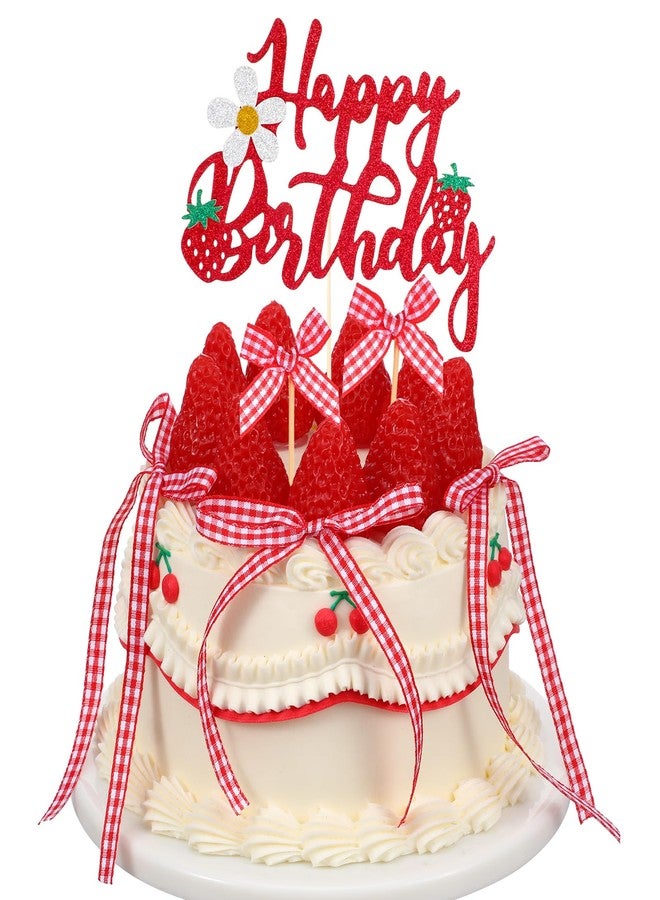 Tucnoeu Strawberry Happy Birthday Cake Topper, 10pcs Gingham Ribbon Bows, 15pcs Bow Cupcake Toppers, Cake Dessert Picks Baby Girl Boy Wedding Party Supplies - Image 3
