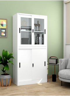 RIGID Steel Four Sliding Door Metal Filing Cabinet with 2 Glass Door WHITE 180x85x39cm  - Image 1