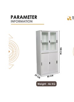 RIGID Steel Four Sliding Door Metal Filing Cabinet with 2 Glass Door WHITE 180x85x39cm  - Image 4