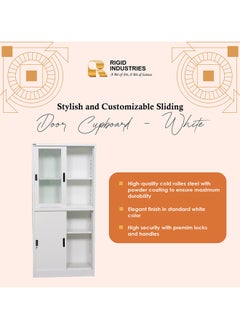 RIGID Steel Four Sliding Door Metal Filing Cabinet with 2 Glass Door WHITE 180x85x39cm  - Image 2
